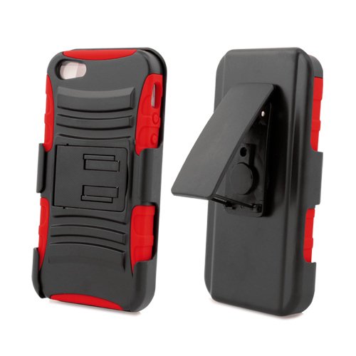 iPHONE 5 Dual Hybrid Case with Stand and Holster Clip (Black-Red)